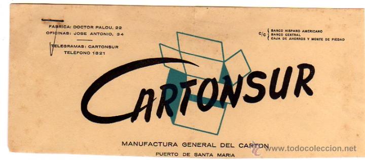 Factures anciennes: MEMBRETE DE FACTURA. CARTONSUR. MANUFACTURA GENERAL DEL CARTON. PUERTO DE SANTA MAR&Iacute;A.