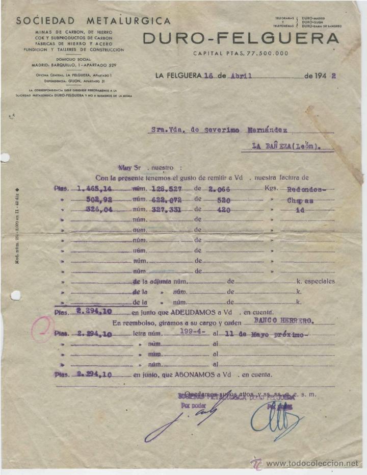 Factures anciennes: FACTURA. SOCIEDAD METAL&Uacute;RGICA. DURO-FELGUERA. LA FELGUERA, 16 DE ABRIL DE 1942.