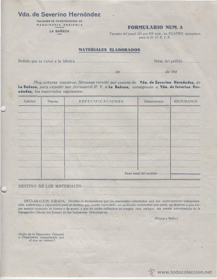 Factures anciennes: FACTURA. VDA. DE SEVERINO HERN&Aacute;NDEZ. TALLERES CONSTRUCCI&Oacute;N  MAQUINARIA AGR&Iacute;COLA. FORMULARIO PEDIDO.