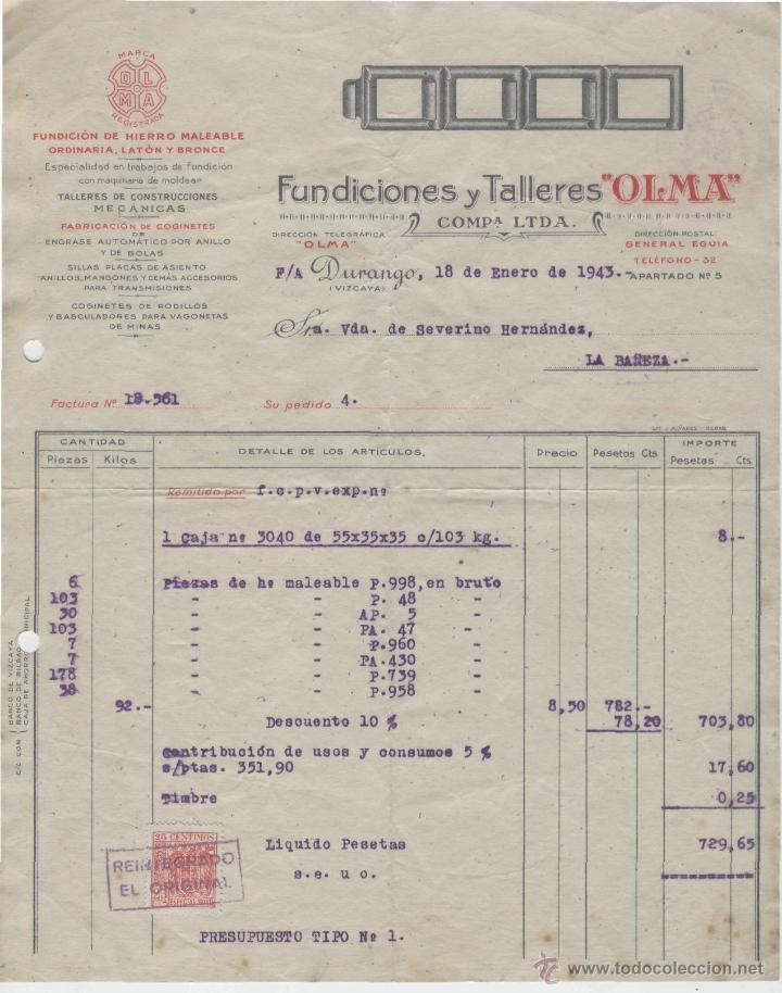 Factures anciennes: FACTURA. FUNDICIONES Y TALLERES OLMA. DURANGO (VIZCAYA), 18 DE ENERO DE 1943.