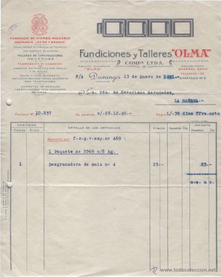 Factures anciennes: FACTURA. FUNDICIONES Y TALLERES OLMA. DURANGO (VIZCAYA), 13 DE ENERO DE 1941.