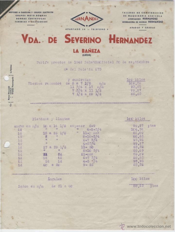 Factures anciennes: FACTURA. VDA DE SEVERINO HERNANDEZ. LA BA&Ntilde;EZA (LE&Oacute;N). 30 DE SEPTIEMBRE DE 1942