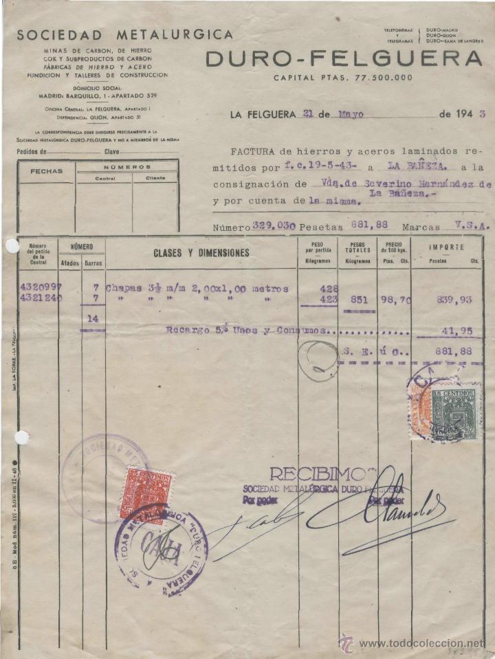 Factures anciennes: FACTURA. DURO-FELGUERA. SOCIEDAD METALURGICA. LA FELGUERA, 21 DE MAYO DE 1943.