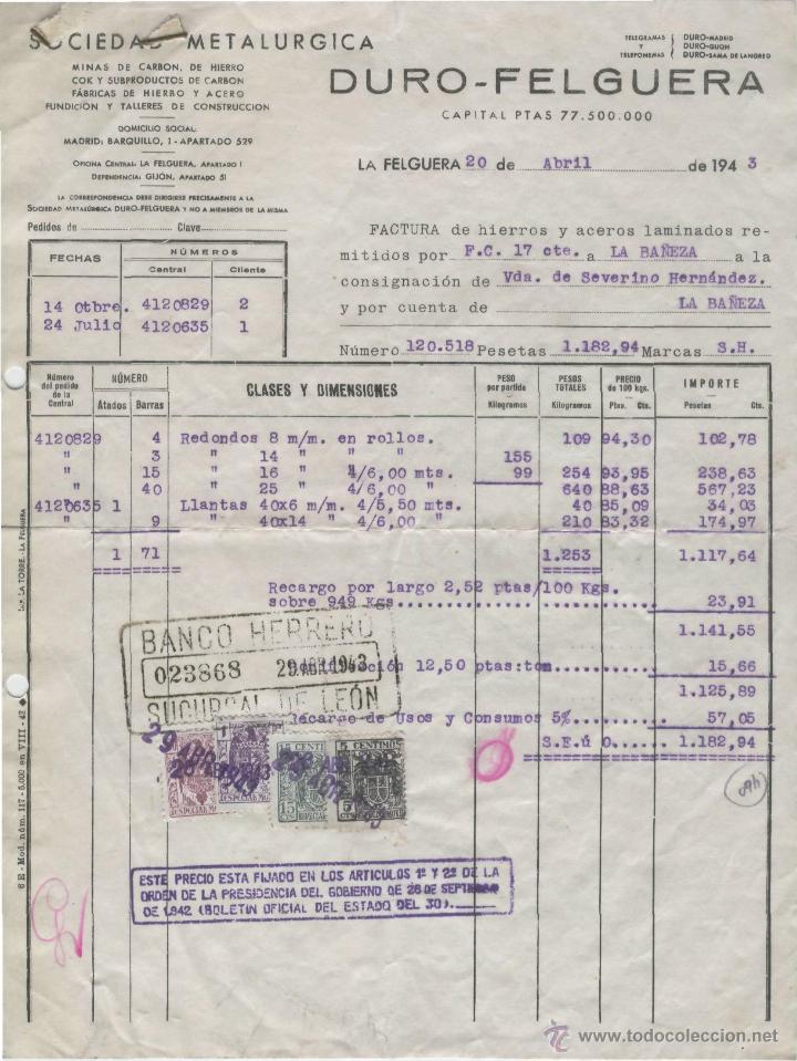 Factures anciennes: FACTURA. SOCIEDAD METAL&Uacute;RGICA. DURO-FELGUERA. LA FELGUERA, 20 DE ABRIL DE 1943.