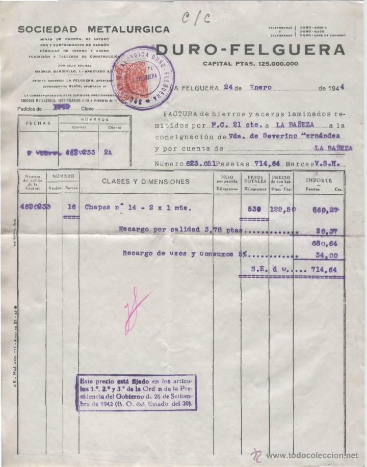 Alte Rechnungen: FACTURA, SOCIEDAD METAL&Uacute;RGICA. DURO - FELGUERA. LA FELGUERA 24 DE ENERO DE 1944.