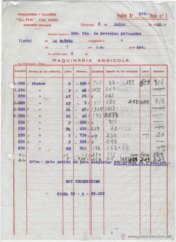 Alte Rechnungen: FACTURA. FUNDACIONES Y TALLERES OLMA, C&Iacute;A. LTDA. MAQUINARIA AGR&Iacute;COLA. DURANGO, 8 DE JULIO DE 1942.