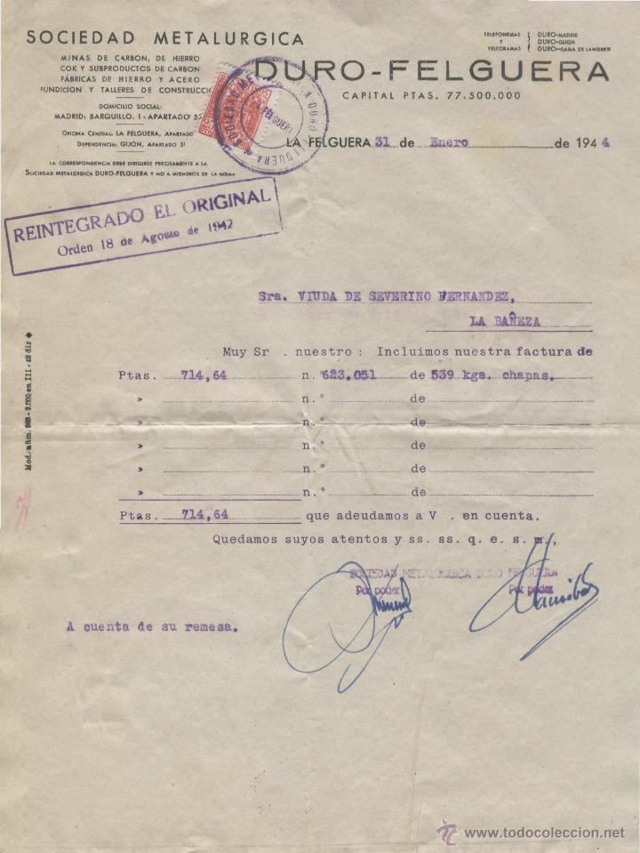 Alte Rechnungen: FACTURA. DURO - FELGUERA. SOCIEDAD METALURGICA. LA FELGUERA, 31 DE ENERO DE 1944.