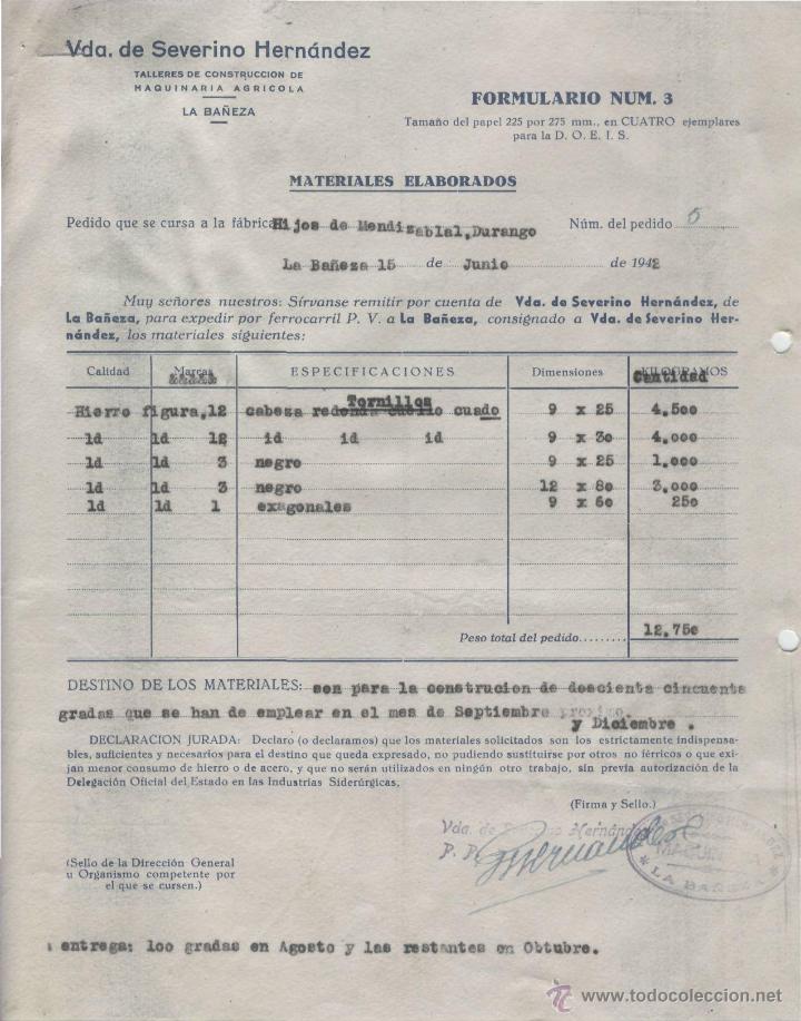 Alte Rechnungen: FACTURA. VDA. SEVERINO HERN&Aacute;NDEZ. CONSTRUCCI&Oacute;N MAQUINARIA AGR&Iacute;COLA. LA BA&Ntilde;EZA, 15 DE JUNIO DE 1942.