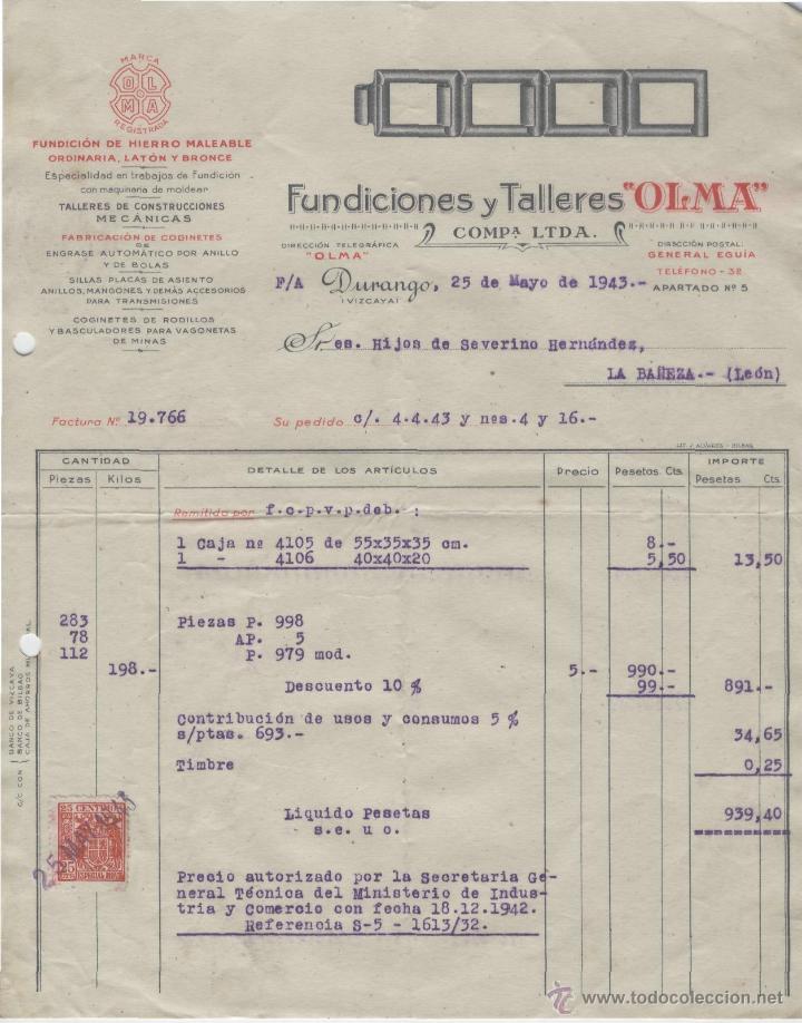 Alte Rechnungen: FACTURA. FUNDICIONES Y TALLERES OLMA, COMP&ordf; LTDA. DURANGO (VIZCAYA), 25 DE MAYO DE 1943.
