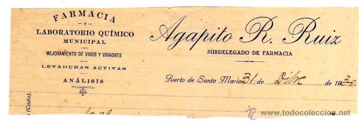 Alte Rechnungen: MEMBRETE DE FACTURA. AGAPITO R. RUIZ. FARMACIA Y LAB. QU&Iacute;MICO MUNICIPAL. PUERTO DE SANTA MAR&Iacute;A.