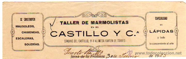 Alte Rechnungen: MEMBRETE DE FACTURA. TALLER DE MARMOLISTAS DE CASTILLO Y C&ordf;. 30 JUNIO 1929. PUERTO DE SANTA MAR&Iacute;A.