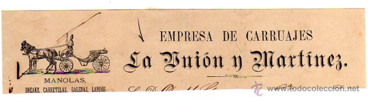 Old Invoices: MEMBRETE DE FACTURA. LA UNI&Oacute;N Y MART&Iacute;NEZ. EMPRESA D CARRUAJES. PUERTO DE SANTA MAR&Iacute;A.