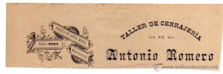 Old Invoices: MEMBRETE DE FACTURA. ANTONIO ROMERO. TALLER DE CERRAJER&Iacute;A. PUERTO DE SANTA MAR&Iacute;A.