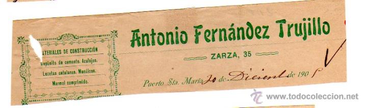 Old Invoices: MEMBRETE DE FACTURA. ANTONIO FERN&Aacute;NDEZ TRUJILLO. MATERIALES DE CONSTRUCCI&Oacute;N. PUERTO DE SANTA MAR&Iacute;A.