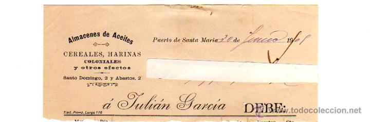 Fatture antiche: MEMBRETE DE FACTURA. JULI&Aacute;N GARC&Iacute;A. ALMACENES DE ACEITES. PUERTO DE SANTA MAR&Iacute;A.