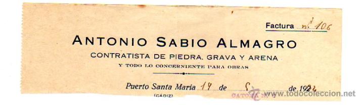 Fatture antiche: MEMBRETE DE FACTURA. ANTONIO SABIO ALMAGRO. 1924. PUERTO DE SANTA MAR&Iacute;A.