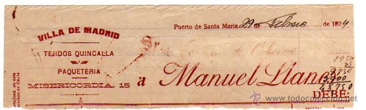 Alte Rechnungen: MEMBRETE DE FACTURA. MANUEL LLANES. VILLA DE MADRID. 1924. PUERTO DE SANTA MAR&Iacute;A.