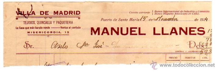 Alte Rechnungen: MEMBRETE DE FACTURA. MANUEL LLANES. VILLA DE MADRID. 1924. PUERTO DE SANTA MAR&Iacute;A.