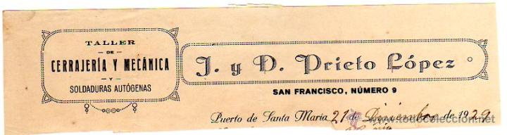 Alte Rechnungen: MEMBRETE DE FACTURA. J. Y D. PRIETO L&Oacute;PEZ. CERRAJER&Iacute;A Y MEC&Aacute;NICA. PUERTO DE SANTA MAR&Iacute;A.
