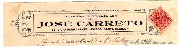 Alte Rechnungen: MEMBRETE DE FACTURA. JOS&Eacute; CARRETO. AUTOM&Oacute;VILES DE ALQUILER. 1937. PUERTO DE SANTA MAR&Iacute;A.