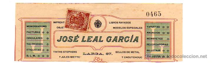 Alte Rechnungen: MEMBRETE DE FACTURA. JOS&Eacute; LEAL GARC&Iacute;A. IMPRENTA-PAPELER&Iacute;A. PUERTO DE SANTA MAR&Iacute;A.