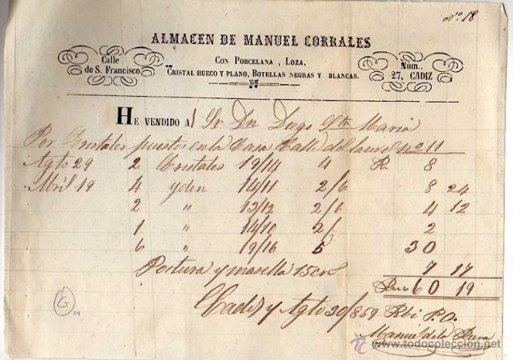 Facturas antiguas: Factura siglo XIX Almanc&eacute;n de Manuel Corrales. Porcelana, loza, cristal, botellas. Cadiz. Firma