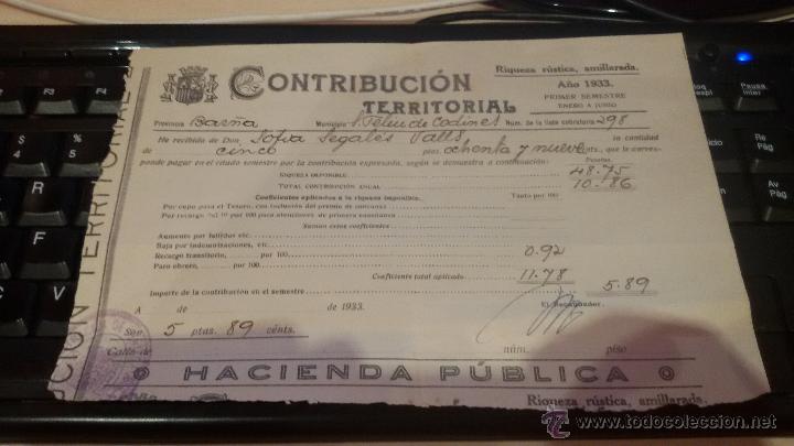 Factures anciennes: RECIBO CONTRIBUCION TERRITORIAL - HACIENDA PUBLICA - SAN FELIU DE CODINAS A&Ntilde;O 1933