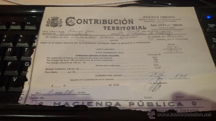 Factures anciennes: RECIBO CONTRIBUCION TERRITORIAL - HACIENDA PUBLICA - SAN FELIU DE CODINAS A&Ntilde;O 1933
