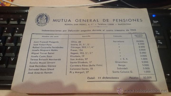 Factures anciennes: RECIBO MUTUA GENERAL DE PENSIONES - BARCELONA 1945