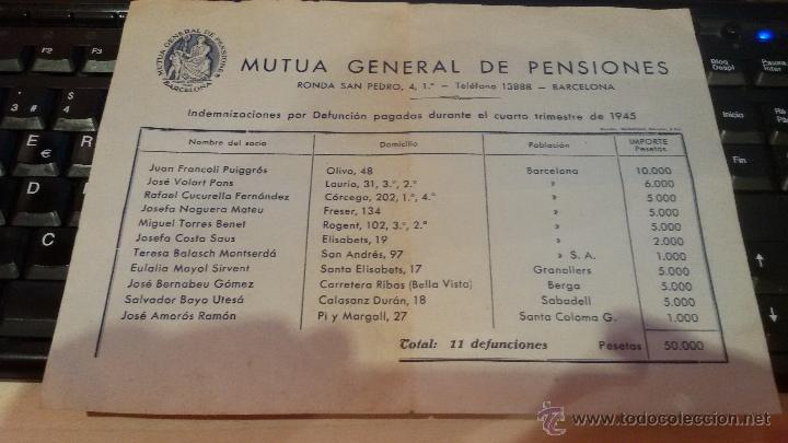 Factures anciennes: RECIBO MUTUA GENERAL DE PENSIONES - BARCELONA 1945