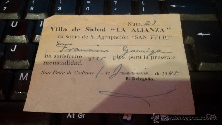 Factures anciennes: RECIBO VILLA DE SALUD LA ALIANZA - SAN FELIU DE CODINAS - A&Ntilde;O 1945