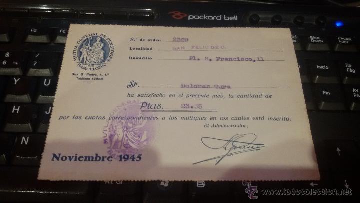 Factures anciennes: RECIBO MUTUA GENERAL DE PENSIONES - BARCELONA 1945