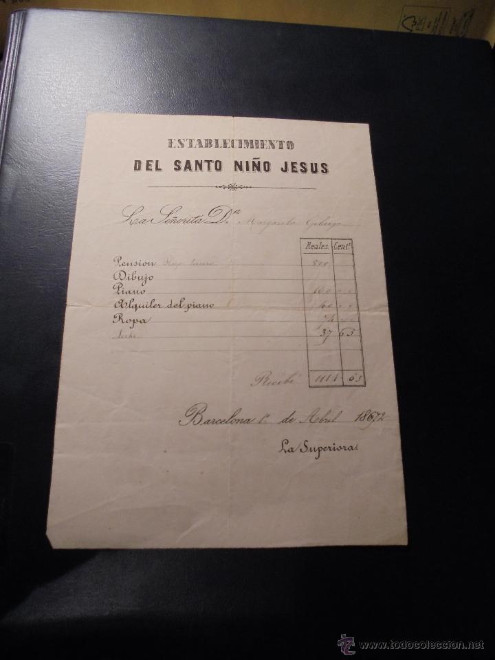 Facturas antiguas: ENSE&Ntilde;ANZA BARCELONA 1872 FACTURA ESTABLECIMIENTO DEL SANTO NI&Ntilde;O JESUS .- 20,5X15 CM.