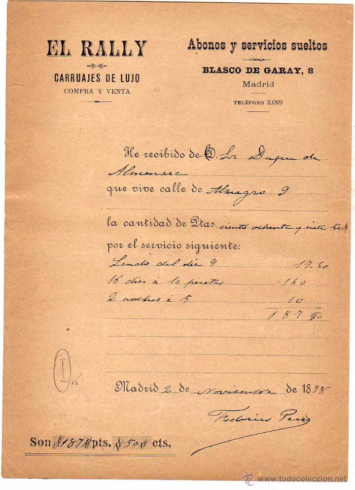 Old Invoices: Factura El Rally. Carruajes de lujo. Abonos y servicios sueltos. Madrid.