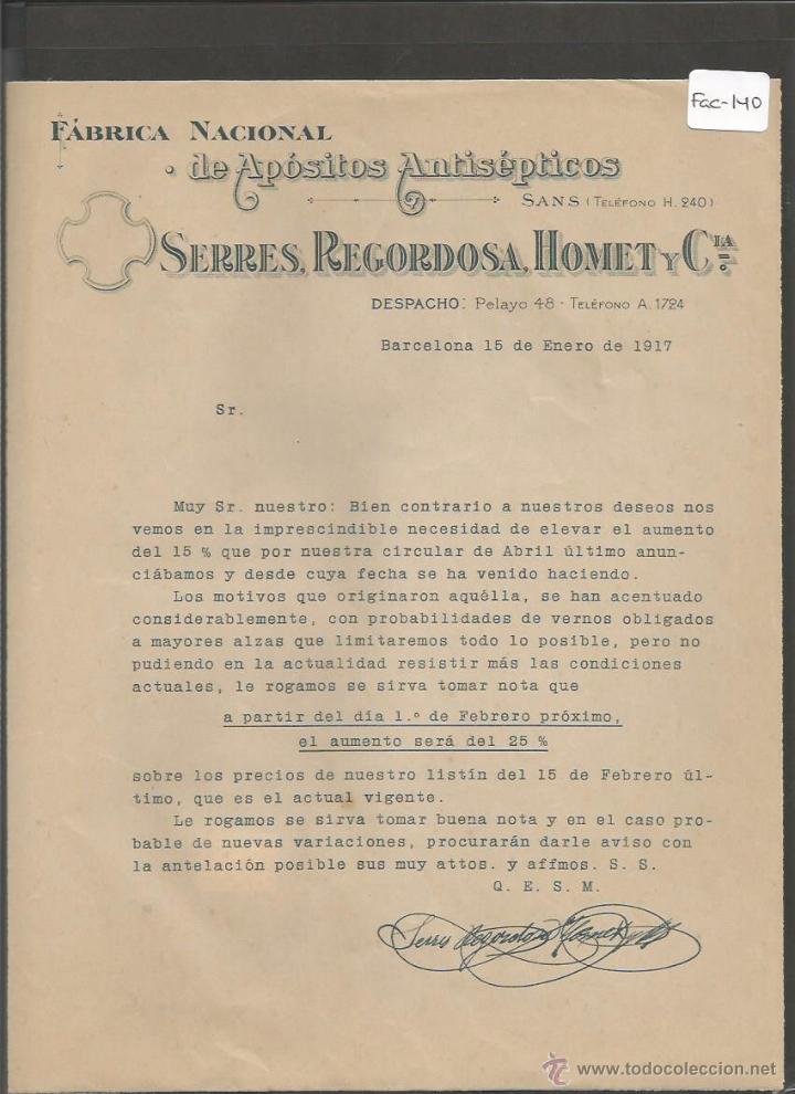 Factures anciennes: FACTURA ANTIGUA - FABRICA APOSITOS ANTISEPTICOS SERRES RECORDOSA - BARCELONA -( FAC-140)