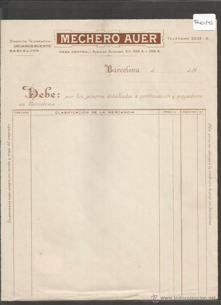 Factures anciennes: FACTURA ANTIGUA - MECHERO AUER  - BARCELONA -( FAC-141)