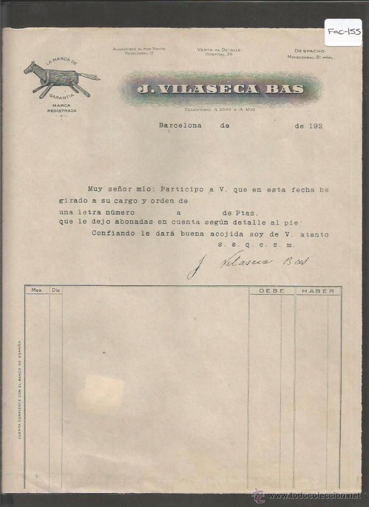 Factures anciennes: FACTURA ANTIGUA- J. VILASECA BAS - BARCELONA -( FAC-155)
