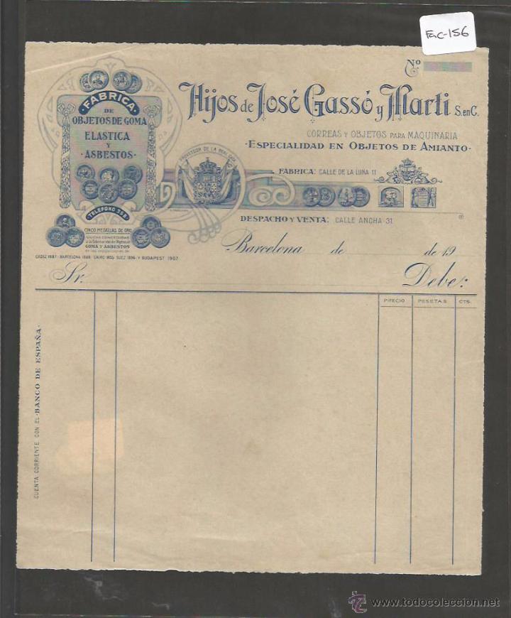 Factures anciennes: FACTURA ANTIGUA - &iexcl;FABRICADE OBJETOS DE GOMA HIJOS DE JOSE GASSO Y MARTI  - BARCELONA -( FAC-156)