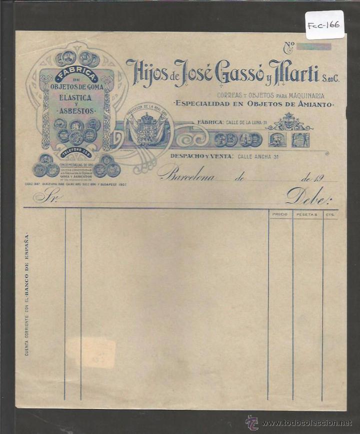 Factures anciennes: FACTURA ANTIGUA - FABRICA DE OBJETOS DE GOMA HIJOSDE JOSE GASSO  - BARCELONA -( FAC-166)