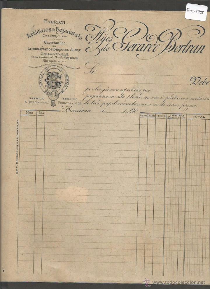 Factures anciennes: FACTURA ANTIGUA - FABRICA DE ARTICULOS HOJADELATA GERARDO BERTRAN - BARCELONA -( FAC-174)