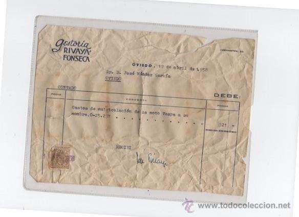 Facturas antiguas: FACTURA DE GASTOS DE MATRICULACION DE VESPA A&Ntilde;O 1958