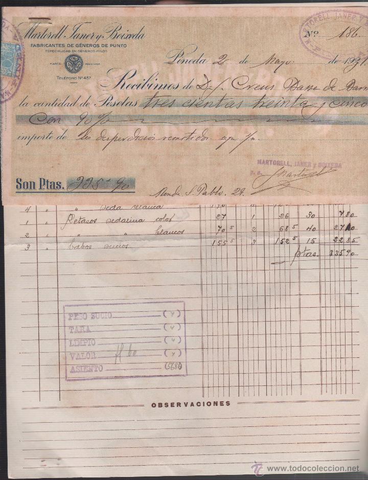 Factures anciennes: L9-14 Factura de J. CREUS BASSA y Recibo de MARTORELL JANER Y BAIXEDA - 4 abril 1931 y 2 mayo 1931 r