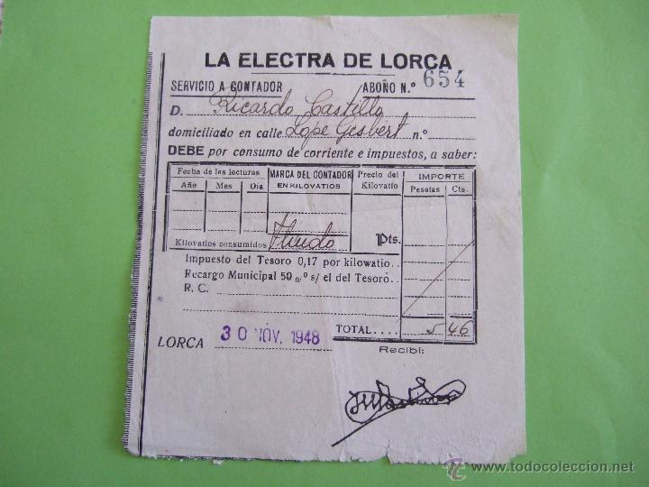 Facturas antiguas: FACTURA LUZ - LA ELECTRA DE LORCA ( MURCIA ) - 1948 - Foto 1