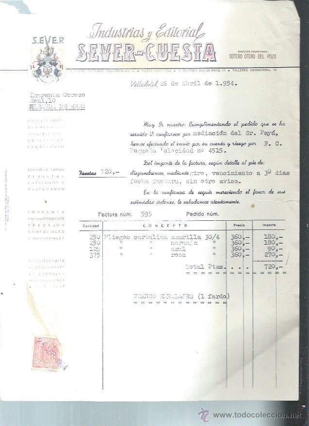 Alte Rechnungen: INDUSTRIAS Y EDITORIAL SERVER CUESTA, VALLADOLID 26 ABRIL 1954
