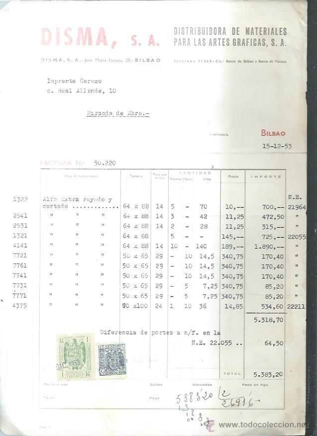 Alte Rechnungen: DISMA DISTRIBUIDORA DE MATERIALES PARA LAS ARTES GR&Aacute;FICAS, BILBAO 15 DICIEMBRE 1953