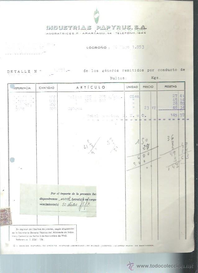 Alte Rechnungen: INDUSTRIAS PAPYRUS, F&Aacute;BRICA DE SOBRES, MANIPULADOS DE PAPEL, LOGRO&Ntilde;O 20 MAYO 1953
