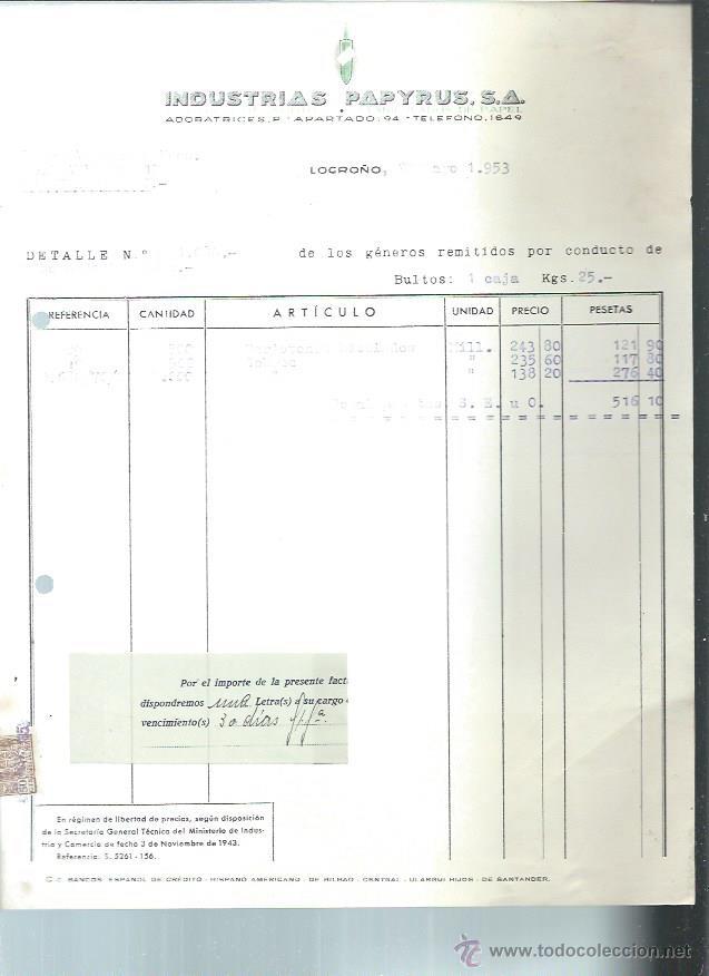 Alte Rechnungen: INDUSTRIAS PAPYRUS, F&Aacute;BRICA DE SOBRES, MANIPULADOS DE PAPEL, LOGRO&Ntilde;O 22 MAYO 1953