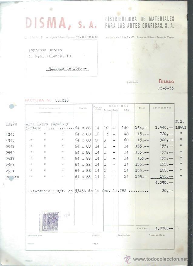 Alte Rechnungen: DISMA DISTRIBUIDORA DE MATERIALES PARA LAS ARTES GR&Aacute;FICAS, BILBAO 15 MAYO 1953