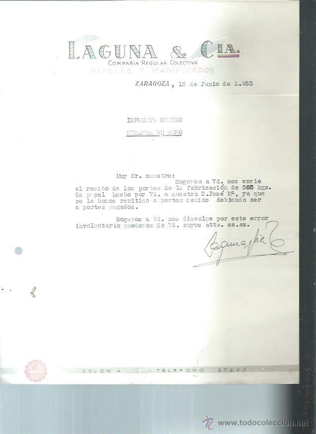 Alte Rechnungen: LAGUNA Y C&Iacute;A PAPELES Y MANIPULADOS, ZARAGOZA 13 JUNIO 1953