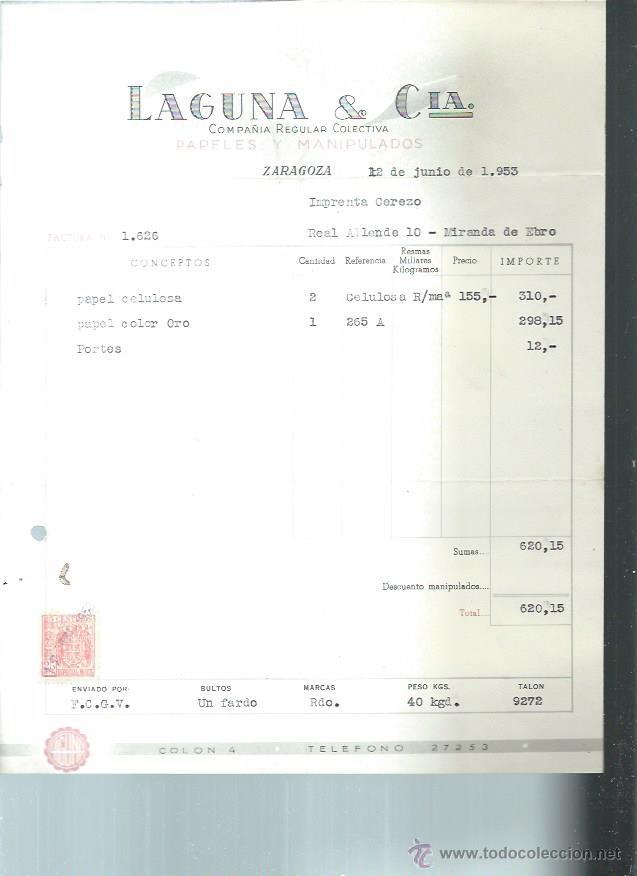 Alte Rechnungen: LAGUNA Y C&Iacute;A PAPELES Y MANIPULADOS, ZARAGOZA 22 JUNIO 1953